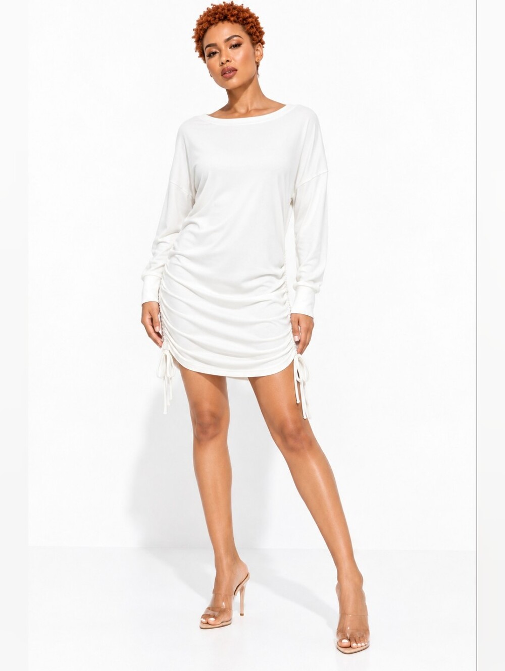 Winter White Long Sleeve Ruched Drawstring Bodycon Mini Dress NWOT
